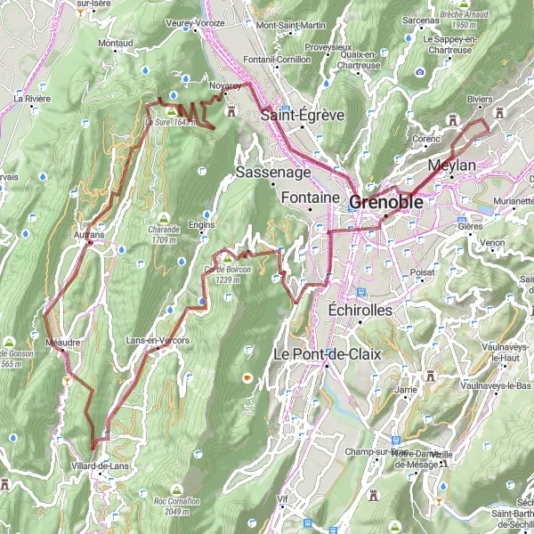 Karttaminiaatyyri "Vercors Gravel Adventure" pyöräilyinspiraatiosta alueella Rhône-Alpes, France. Luotu Tarmacs.app pyöräilyreittisuunnittelijalla