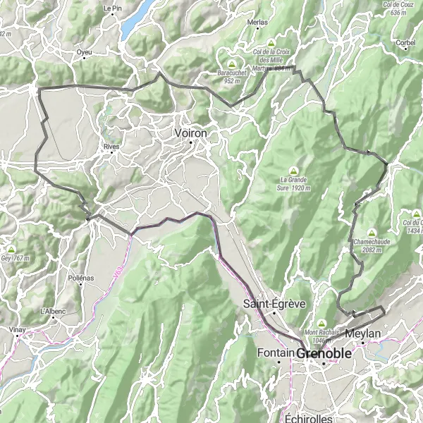 Mapa miniatúra "Mont Jalla Road" cyklistická inšpirácia v Rhône-Alpes, France. Vygenerované cyklistickým plánovačom trás Tarmacs.app