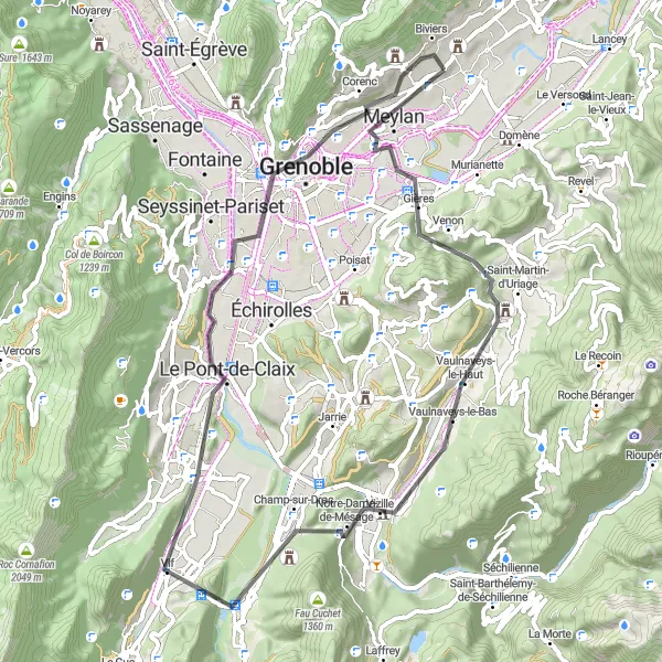 Miniatura della mappa di ispirazione al ciclismo "Road tra Meylan e Biviers" nella regione di Rhône-Alpes, France. Generata da Tarmacs.app, pianificatore di rotte ciclistiche