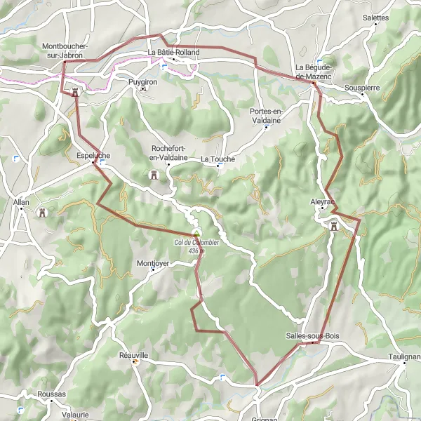 Zemljevid v pomanjšavi "Raziskovanje narave v okolici Montboucher-sur-Jabron" kolesarske inspiracije v Rhône-Alpes, France. Generirano z načrtovalcem kolesarskih poti Tarmacs.app