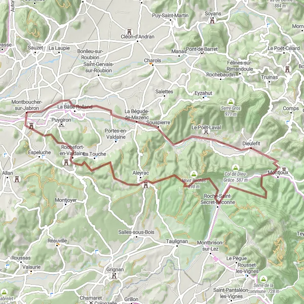 Mapa miniatúra "Gravelová trasa Montboucher-sur-Jabron - Aleyrac - Mont Rachas" cyklistická inšpirácia v Rhône-Alpes, France. Vygenerované cyklistickým plánovačom trás Tarmacs.app