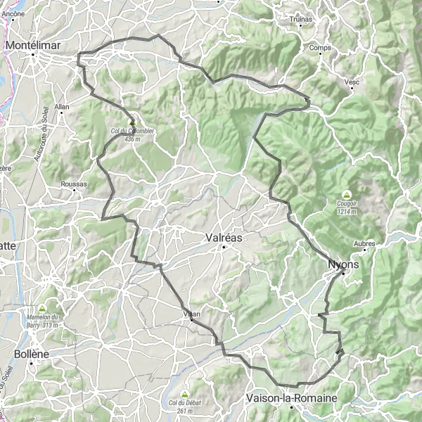 Karttaminiaatyyri "Montboucher-sur-Jabron - La Bâtie-Rolland - Dieulefit - Col du Serre - Roche-Saint-Secret-Béconne - Col de Novezan - Rocher de l'Aiguille - Puyméras - Visan - Chantemerle-lès-Grignan - Col du Colombier - Montboucher-sur-Jabron" pyöräilyinspiraatiosta alueella Rhône-Alpes, France. Luotu Tarmacs.app pyöräilyreittisuunnittelijalla