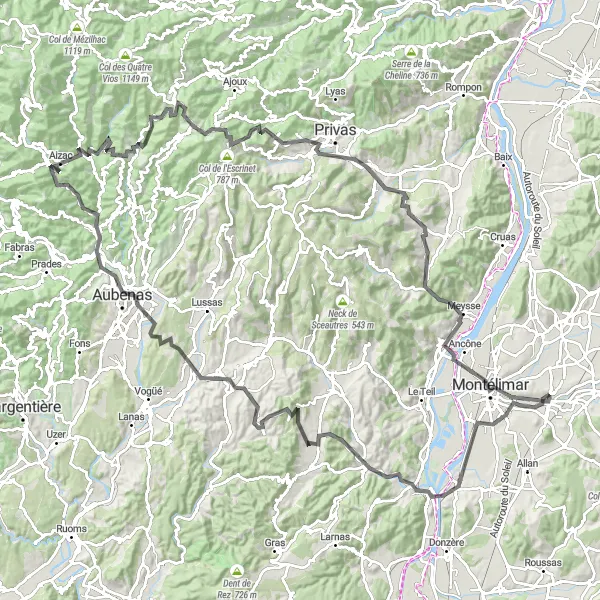 Miniaturní mapa "Náročný okruh přes kopců kolem Montboucher-sur-Jabron" inspirace pro cyklisty v oblasti Rhône-Alpes, France. Vytvořeno pomocí plánovače tras Tarmacs.app