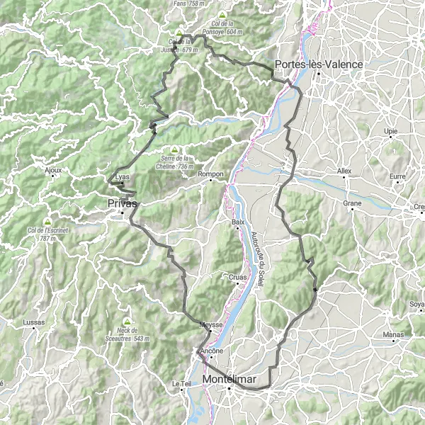 Miniatua del mapa de inspiración ciclista "Desafío en carretera con vistas impresionantes" en Rhône-Alpes, France. Generado por Tarmacs.app planificador de rutas ciclistas