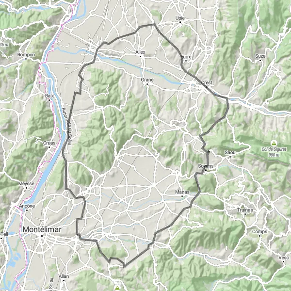 Miniaturní mapa "Road Route near Montboucher-sur-Jabron" inspirace pro cyklisty v oblasti Rhône-Alpes, France. Vytvořeno pomocí plánovače tras Tarmacs.app