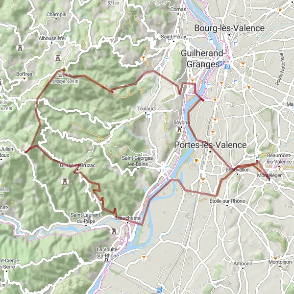 Zemljevid v pomanjšavi "Pustolovščina po Ponsoye" kolesarske inspiracije v Rhône-Alpes, France. Generirano z načrtovalcem kolesarskih poti Tarmacs.app