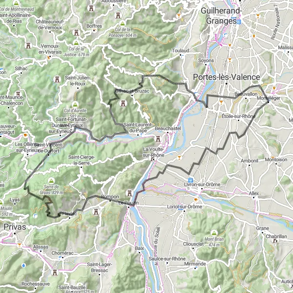 Zemljevid v pomanjšavi "Kolesarska avantura v Rhône-Alpesu - 94 km" kolesarske inspiracije v Rhône-Alpes, France. Generirano z načrtovalcem kolesarskih poti Tarmacs.app