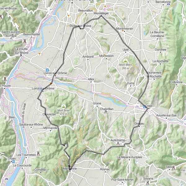 Miniatura della mappa di ispirazione al ciclismo "Cicloturismo tra Upie e Étoile-sur-Rhône" nella regione di Rhône-Alpes, France. Generata da Tarmacs.app, pianificatore di rotte ciclistiche