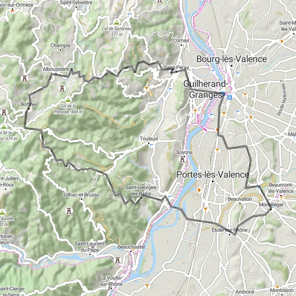 Miniatura della mappa di ispirazione al ciclismo "Il Giro delle Colline e Montagne della Drôme" nella regione di Rhône-Alpes, France. Generata da Tarmacs.app, pianificatore di rotte ciclistiche