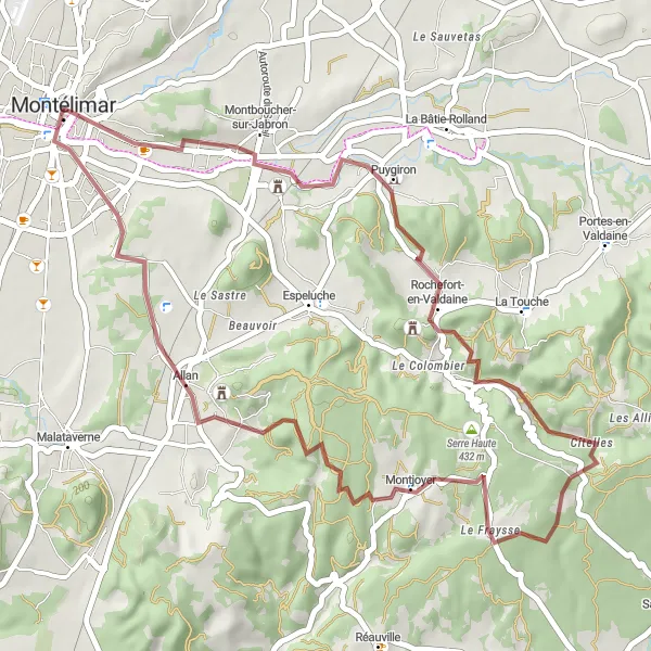 Zemljevid v pomanjšavi "Gravelska krožna pot Montélimar - Charles de Gaulle" kolesarske inspiracije v Rhône-Alpes, France. Generirano z načrtovalcem kolesarskih poti Tarmacs.app