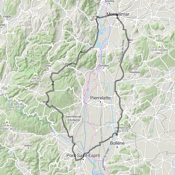 Mapa miniatúra "Okruh kolo začína v blízkosti Montélimaru" cyklistická inšpirácia v Rhône-Alpes, France. Vygenerované cyklistickým plánovačom trás Tarmacs.app