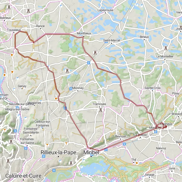 Mapa miniatúra "Gravelová výzva v okolí Montluelu" cyklistická inšpirácia v Rhône-Alpes, France. Vygenerované cyklistickým plánovačom trás Tarmacs.app