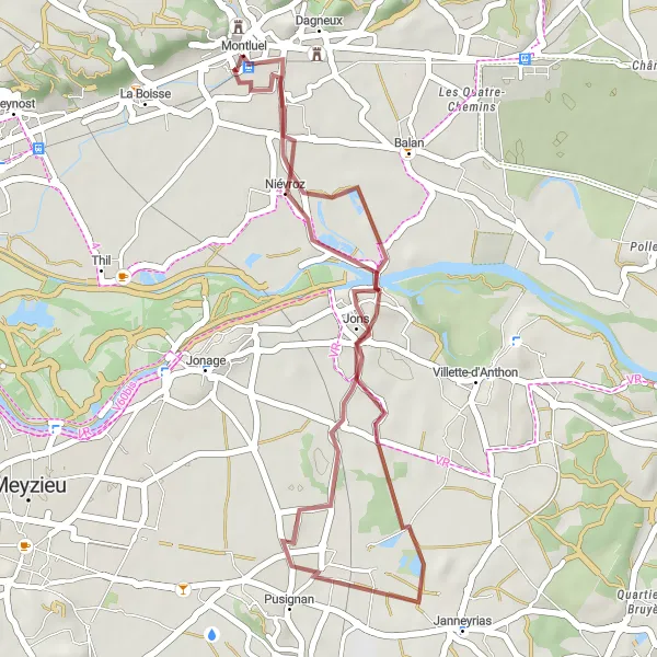 Miniatua del mapa de inspiración ciclista "Ruta de gravilla por Montluel y sus alrededores" en Rhône-Alpes, France. Generado por Tarmacs.app planificador de rutas ciclistas