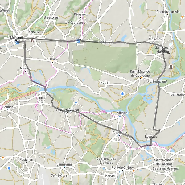 Miniatuurkaart van de fietsinspiratie "Route van Montluel naar Niévroz via Loyettes" in Rhône-Alpes, France. Gemaakt door de Tarmacs.app fietsrouteplanner