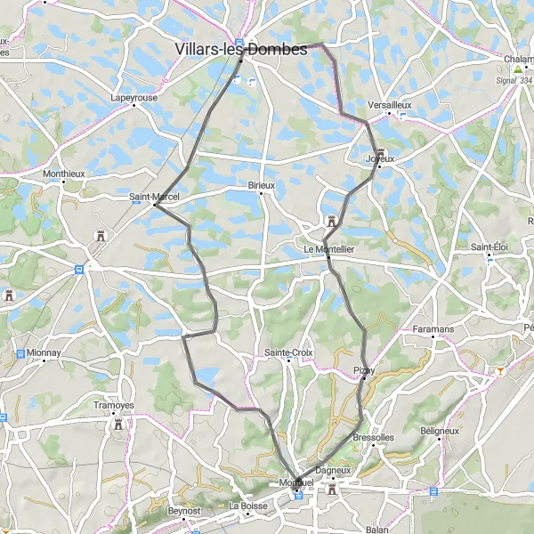 Kartminiatyr av "Montluel til Pizay Loop via Saint-Marcel og Villars-les-Dombes" sykkelinspirasjon i Rhône-Alpes, France. Generert av Tarmacs.app sykkelrutoplanlegger