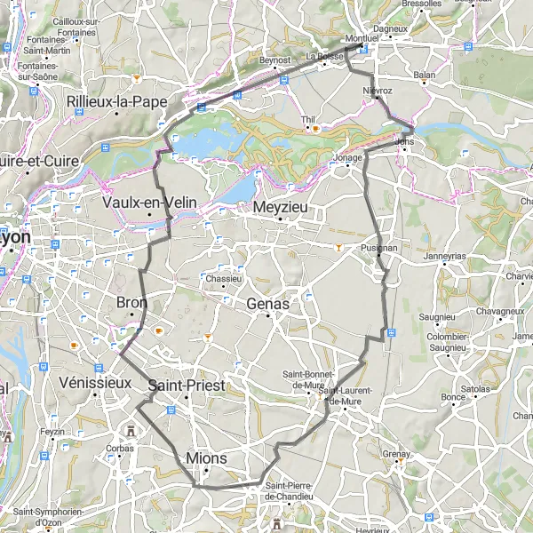 Miniatuurkaart van de fietsinspiratie "Verken Pusignan en La Boisse via Neyron Sud" in Rhône-Alpes, France. Gemaakt door de Tarmacs.app fietsrouteplanner