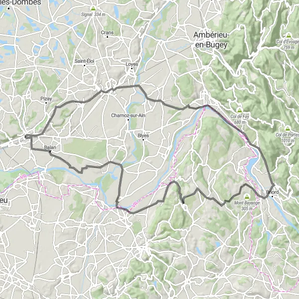 Miniature de la carte de l'inspiration cycliste "Boucle panoramique de Montluel" dans la Rhône-Alpes, France. Générée par le planificateur d'itinéraire cycliste Tarmacs.app