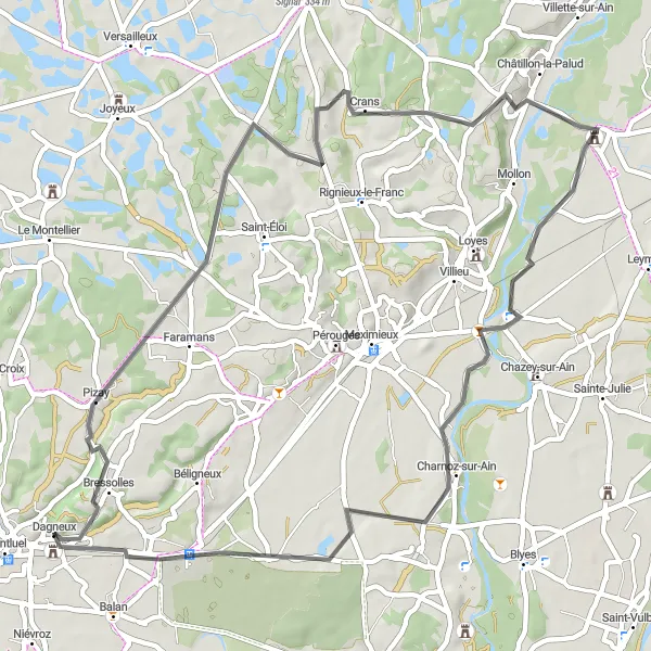 Miniaturní mapa "Okruh kolem Montluelu 2" inspirace pro cyklisty v oblasti Rhône-Alpes, France. Vytvořeno pomocí plánovače tras Tarmacs.app