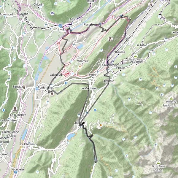 Map miniature of "Montmélian Loop: The Beauty of Arbin and Pontcharra" cycling inspiration in Rhône-Alpes, France. Generated by Tarmacs.app cycling route planner