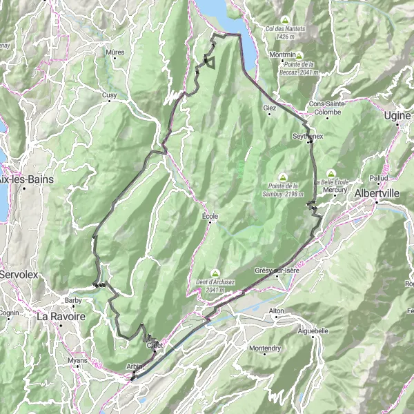 Map miniature of "Montmélian Adventure: Epic Mountain Climbs and Scenic Routes" cycling inspiration in Rhône-Alpes, France. Generated by Tarmacs.app cycling route planner