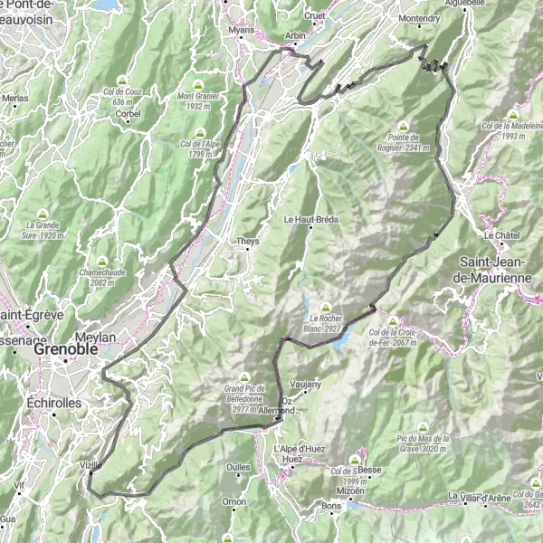 Map miniature of "Epic Mountain Adventure in Montmélian" cycling inspiration in Rhône-Alpes, France. Generated by Tarmacs.app cycling route planner