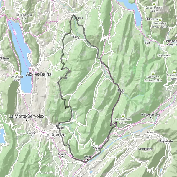 Map miniature of "Road Cycling in Montmélian and Surroundings" cycling inspiration in Rhône-Alpes, France. Generated by Tarmacs.app cycling route planner