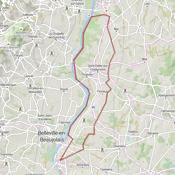 Kartminiatyr av "Grussti til Guéreins og Cormoranche-sur-Saône" sykkelinspirasjon i Rhône-Alpes, France. Generert av Tarmacs.app sykkelrutoplanlegger