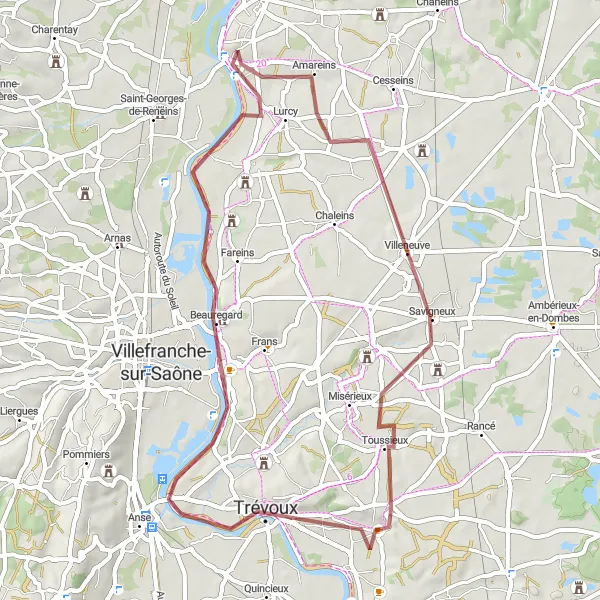 Zemljevid v pomanjšavi "Raziskovanje podeželja ob Montmerle-sur-Saône" kolesarske inspiracije v Rhône-Alpes, France. Generirano z načrtovalcem kolesarskih poti Tarmacs.app