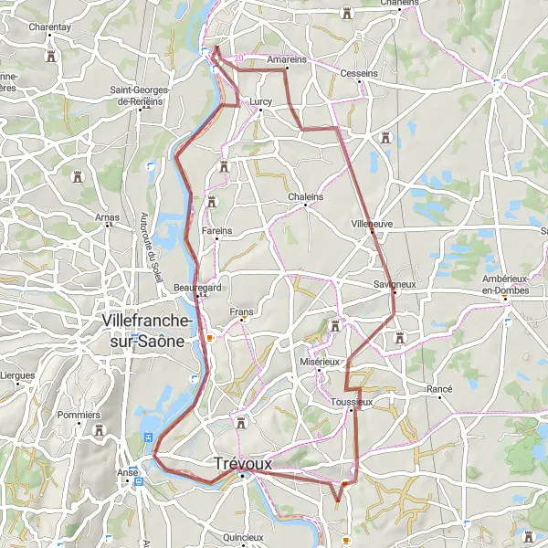 Miniatuurkaart van de fietsinspiratie "Gravelroute rond Montmerle-sur-Saône" in Rhône-Alpes, France. Gemaakt door de Tarmacs.app fietsrouteplanner