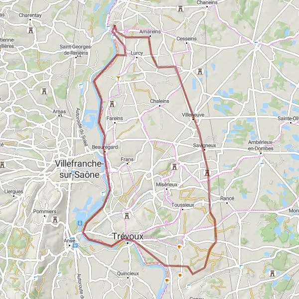 Zemljevid v pomanjšavi "Gorsko kolesarjenje okoli Montmerle-sur-Saône" kolesarske inspiracije v Rhône-Alpes, France. Generirano z načrtovalcem kolesarskih poti Tarmacs.app