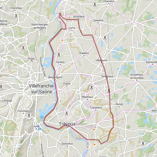 Miniatura della mappa di ispirazione al ciclismo "Avventura in Gravel vicino a Montmerle-sur-Saône" nella regione di Rhône-Alpes, France. Generata da Tarmacs.app, pianificatore di rotte ciclistiche