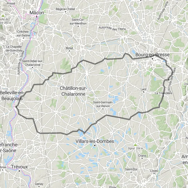 Mapa miniatúra "Road cyklotrasa cez Guéreins, Saint-Étienne-sur-Chalaronne a Bourg-en-Bresse" cyklistická inšpirácia v Rhône-Alpes, France. Vygenerované cyklistickým plánovačom trás Tarmacs.app