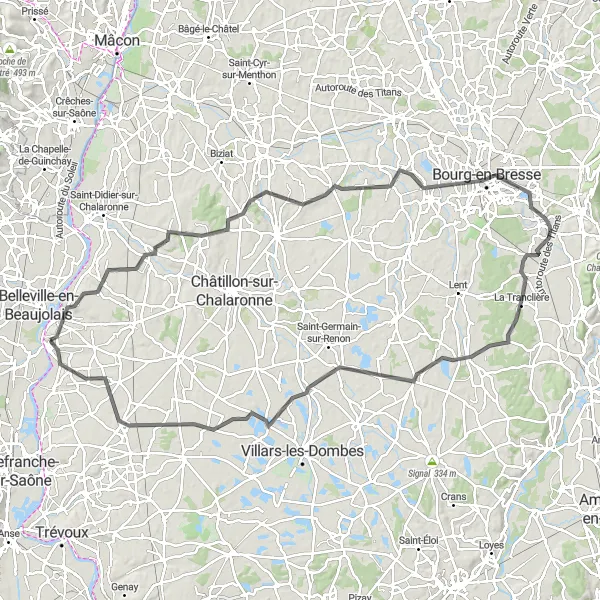 Miniatura della mappa di ispirazione al ciclismo "Tour delle Campagne di Guéreins" nella regione di Rhône-Alpes, France. Generata da Tarmacs.app, pianificatore di rotte ciclistiche