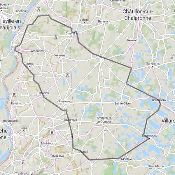 Miniatua del mapa de inspiración ciclista "Ruta de 60 km en carretera cerca de Montmerle-sur-Saône" en Rhône-Alpes, France. Generado por Tarmacs.app planificador de rutas ciclistas