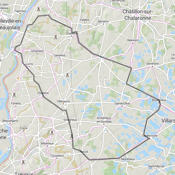 Map miniature of "Glimpses of Bresse" cycling inspiration in Rhône-Alpes, France. Generated by Tarmacs.app cycling route planner