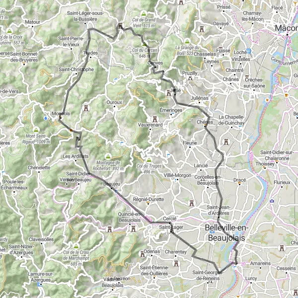 Karttaminiaatyyri "Mäkisten polku Montmerlestä" pyöräilyinspiraatiosta alueella Rhône-Alpes, France. Luotu Tarmacs.app pyöräilyreittisuunnittelijalla