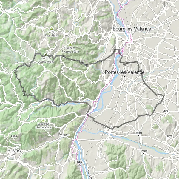 Miniatura della mappa di ispirazione al ciclismo "Percorso in bicicletta attraverso Livron-sur-Drôme e Vernoux-en-Vivarais" nella regione di Rhône-Alpes, France. Generata da Tarmacs.app, pianificatore di rotte ciclistiche