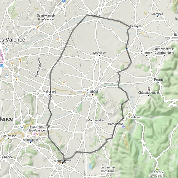 Kartminiatyr av "Cykeltur från Montmeyran till Barcelonne" cykelinspiration i Rhône-Alpes, France. Genererad av Tarmacs.app cykelruttplanerare