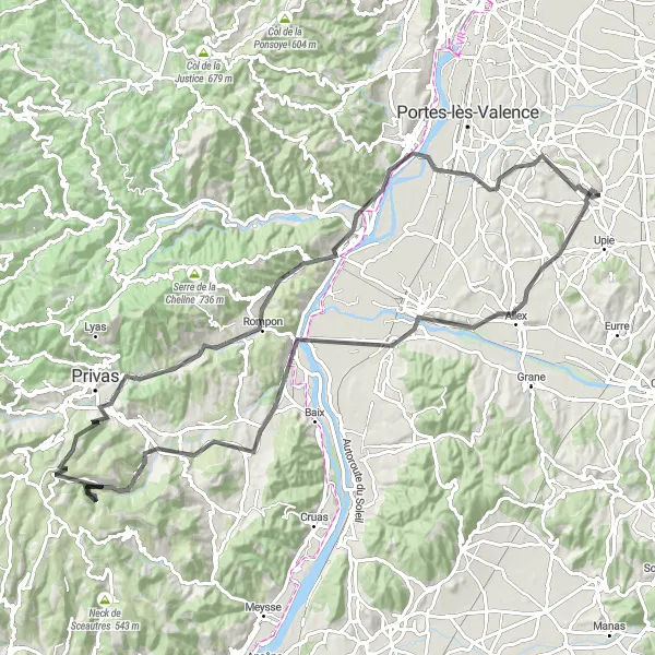 Miniatua del mapa de inspiración ciclista "Ruta de ciclismo de carretera con paisajes impresionantes" en Rhône-Alpes, France. Generado por Tarmacs.app planificador de rutas ciclistas