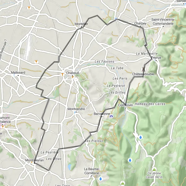 Miniaturní mapa "Okružní cesta kolem Montmeyranu" inspirace pro cyklisty v oblasti Rhône-Alpes, France. Vytvořeno pomocí plánovače tras Tarmacs.app