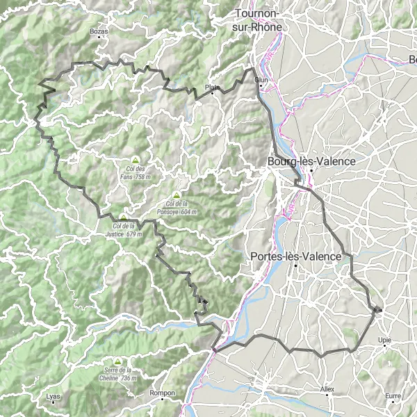 Mapa miniatúra "Okruhová cyklistická trasa cez Rhône-Alpes" cyklistická inšpirácia v Rhône-Alpes, France. Vygenerované cyklistickým plánovačom trás Tarmacs.app