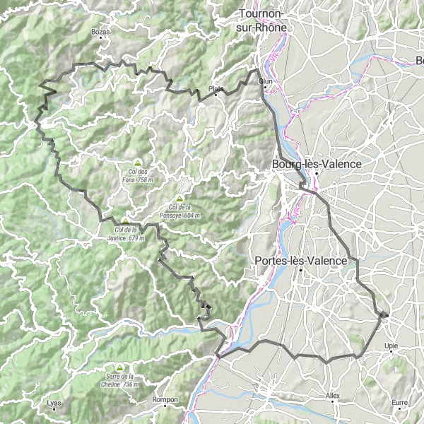 Kartminiatyr av "Montoison till Beaumont-lès-Valence cykeltur" cykelinspiration i Rhône-Alpes, France. Genererad av Tarmacs.app cykelruttplanerare