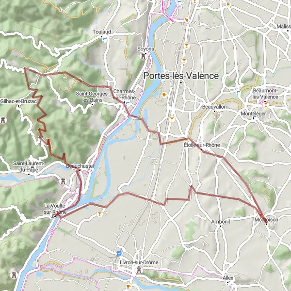 Miniatura della mappa di ispirazione al ciclismo "Avventura in bicicletta su strade sterrate" nella regione di Rhône-Alpes, France. Generata da Tarmacs.app, pianificatore di rotte ciclistiche