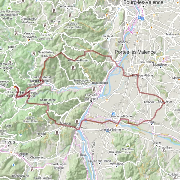 Map miniature of "Gravel Adventure to Serre de la Cheline" cycling inspiration in Rhône-Alpes, France. Generated by Tarmacs.app cycling route planner