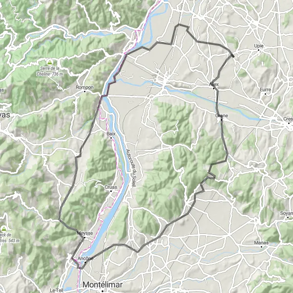 Mapa miniatúra "Kruhová cesta s výstupom 791 m" cyklistická inšpirácia v Rhône-Alpes, France. Vygenerované cyklistickým plánovačom trás Tarmacs.app