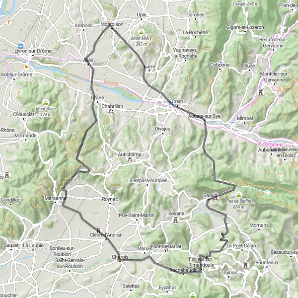 Miniatua del mapa de inspiración ciclista "Ruta escénica en carretera desde Montoison" en Rhône-Alpes, France. Generado por Tarmacs.app planificador de rutas ciclistas