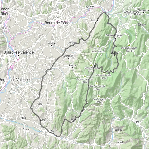 Miniatua del mapa de inspiración ciclista "Ruta de ciclismo en carretera Montoison - Crest" en Rhône-Alpes, France. Generado por Tarmacs.app planificador de rutas ciclistas