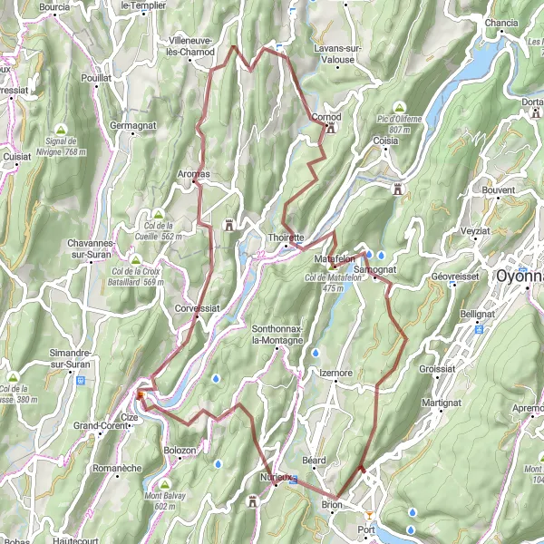 Miniatura della mappa di ispirazione al ciclismo "Giro in Gravel di Montréal-la-Cluse" nella regione di Rhône-Alpes, France. Generata da Tarmacs.app, pianificatore di rotte ciclistiche