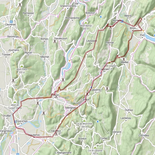 Miniatura della mappa di ispirazione al ciclismo "Giro Gravel tra Montagne e Borghi" nella regione di Rhône-Alpes, France. Generata da Tarmacs.app, pianificatore di rotte ciclistiche