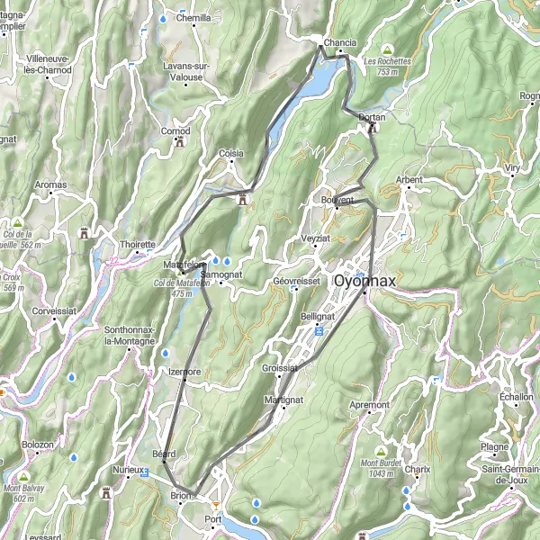 Zemljevid v pomanjšavi "Utrjena pot od Izernore do Martignat" kolesarske inspiracije v Rhône-Alpes, France. Generirano z načrtovalcem kolesarskih poti Tarmacs.app
